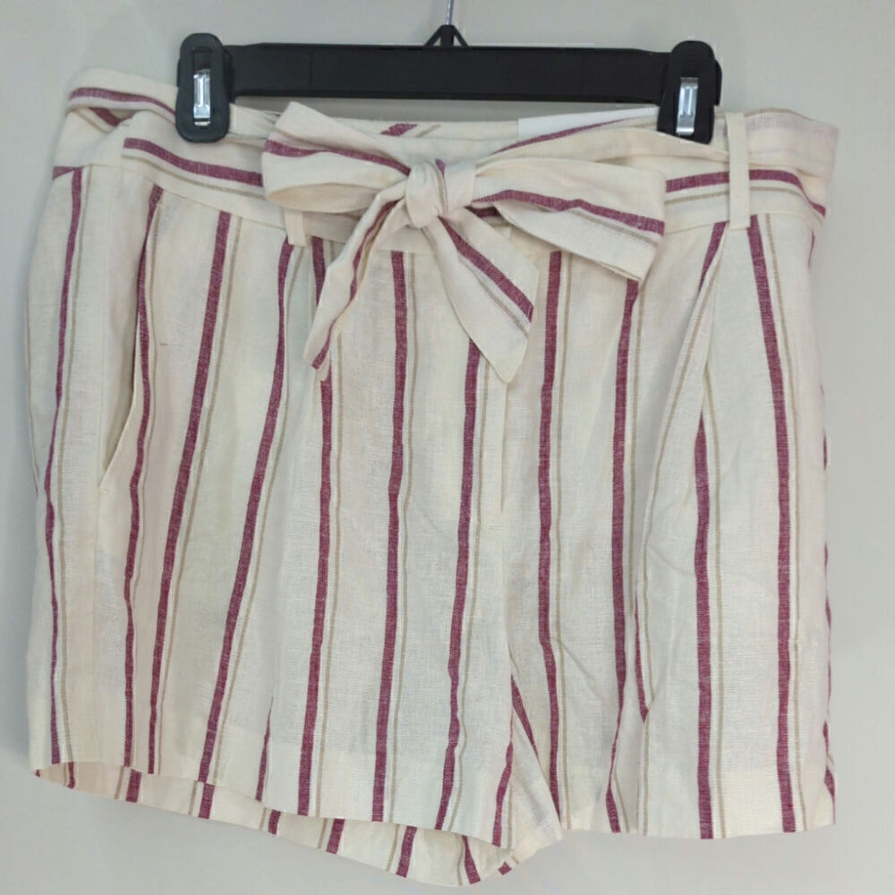 Ann Taylor White & Red Striped Belted Shorts Pocket Casual Linen Size 12 NWT